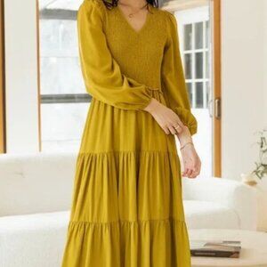 Bohme Chartreuse Smocked Tiered V-Neck Dress